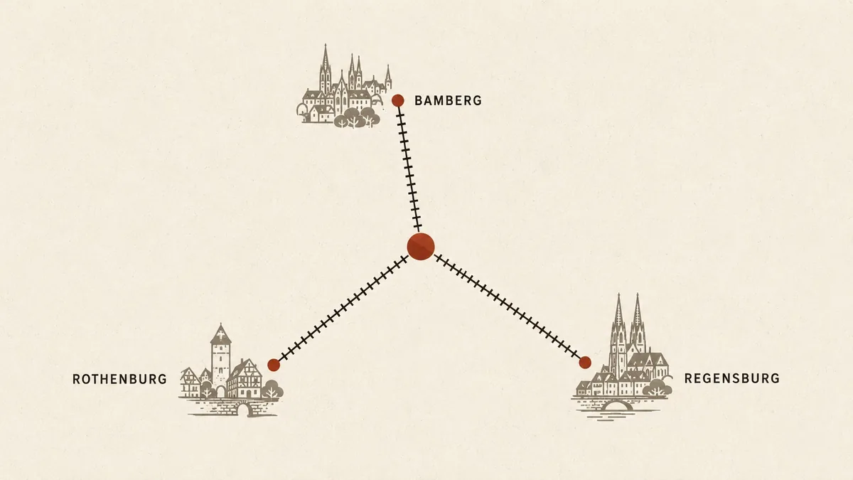 Illustration of short rail lines radiating from Nuremberg to Bamberg, Regensburg and Rothenburg, each labelled.