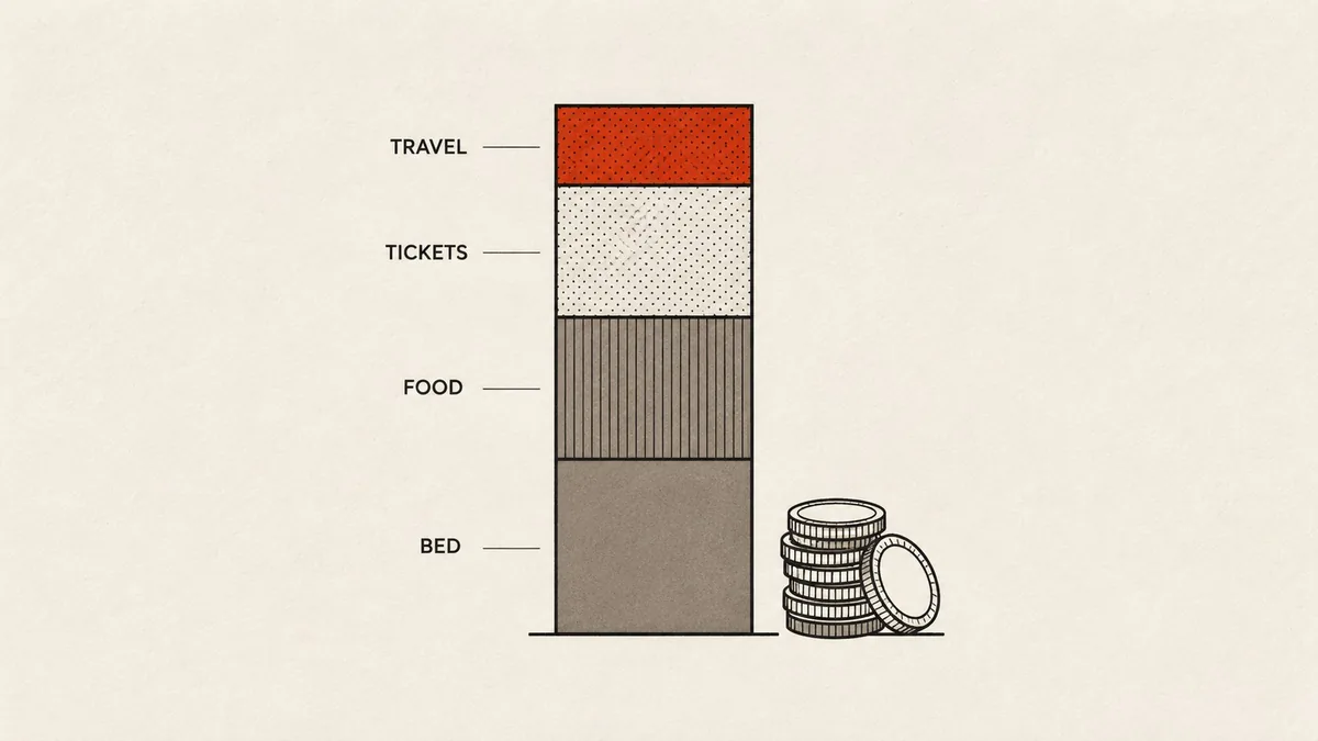 Illustration of a day's spending stacked as blocks labelled bed, food, tickets and travel, beside a small column of coins.