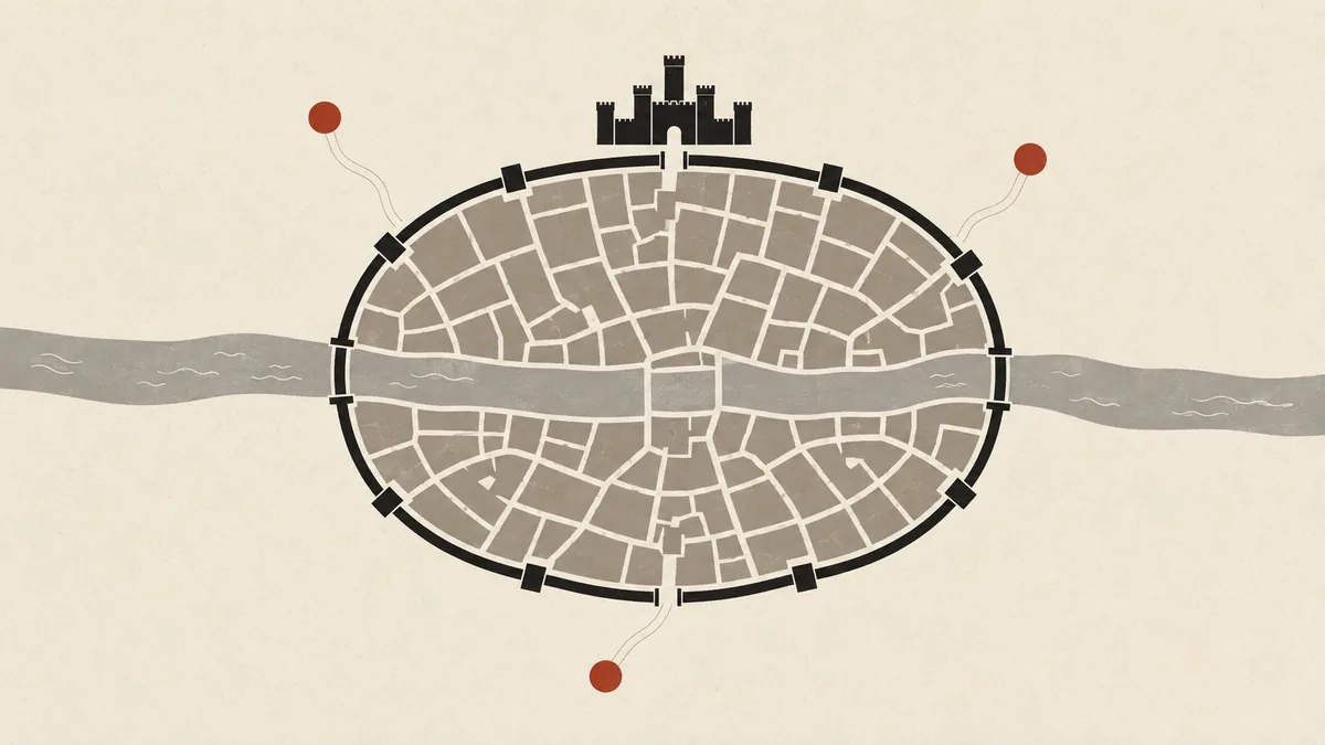 Illustration of the walled old town with the ring of the city wall drawn around it and the outlying sites placed beyond.
