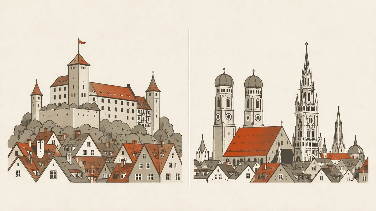 Illustration comparing two skylines side by side, Nuremberg's castle and sandstone roofs against Munich's towers.