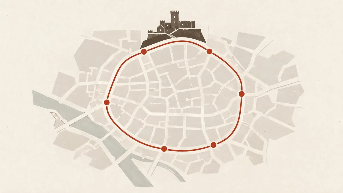 Illustration of a single day mapped as a looping line through the old town, with the castle at the high point and stops marked along it.