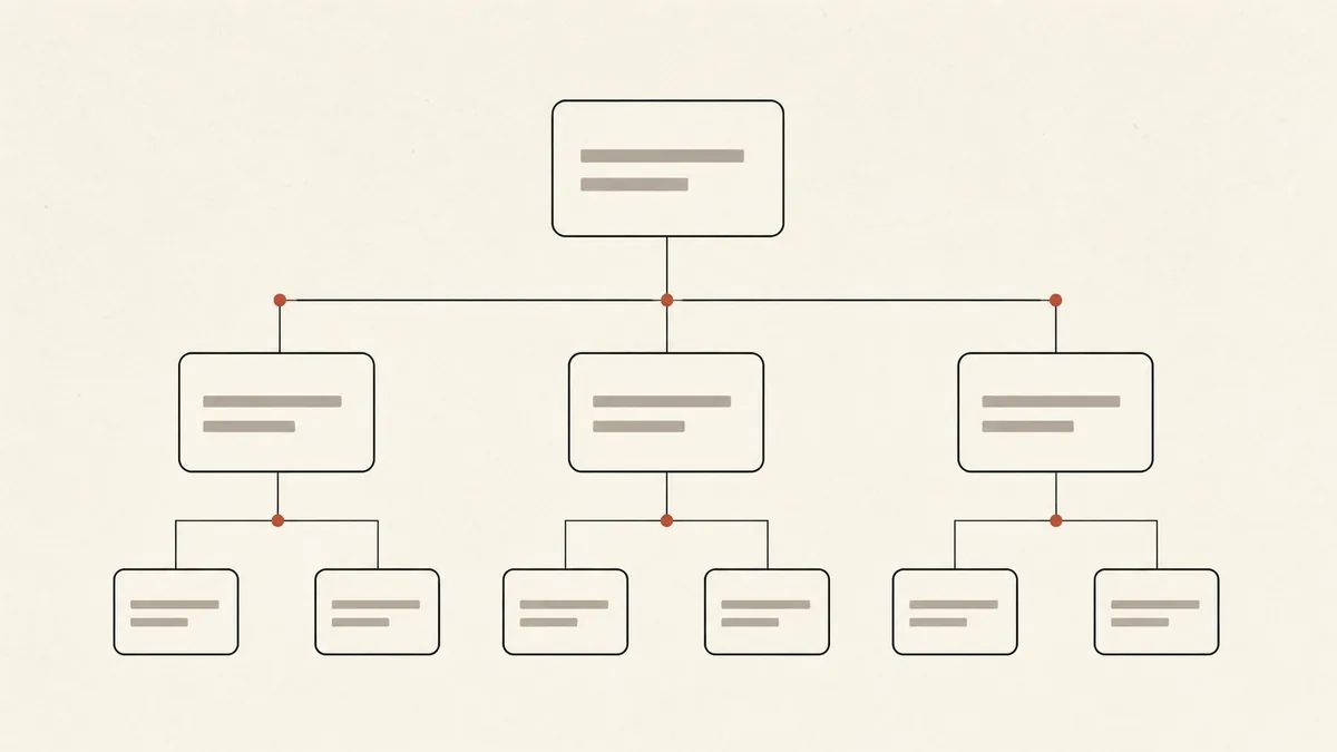 Illustration of a site's pages drawn as a branching tree of blank cards joined by thin lines.