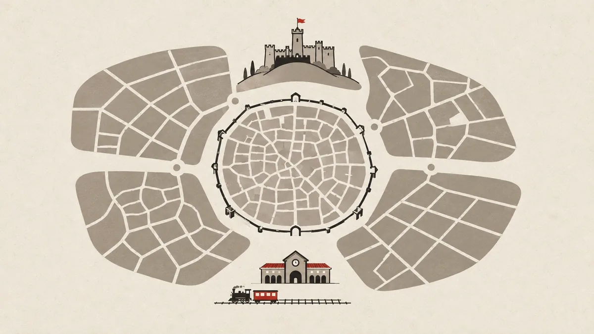 Illustration of the city's districts as shaded blocks around the old town, with the station and the castle marked for orientation.